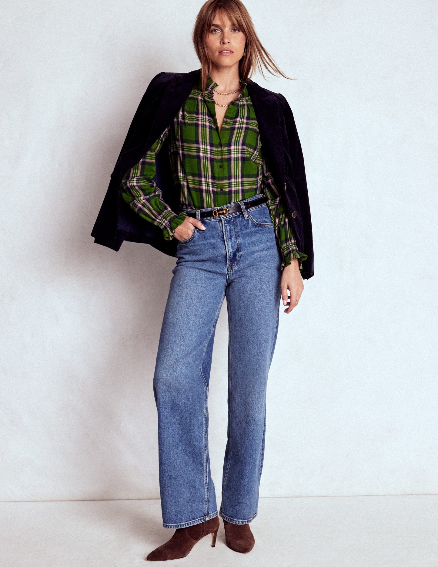 Lorna Brushed Cotton Top-Green, Navy & Pink Check