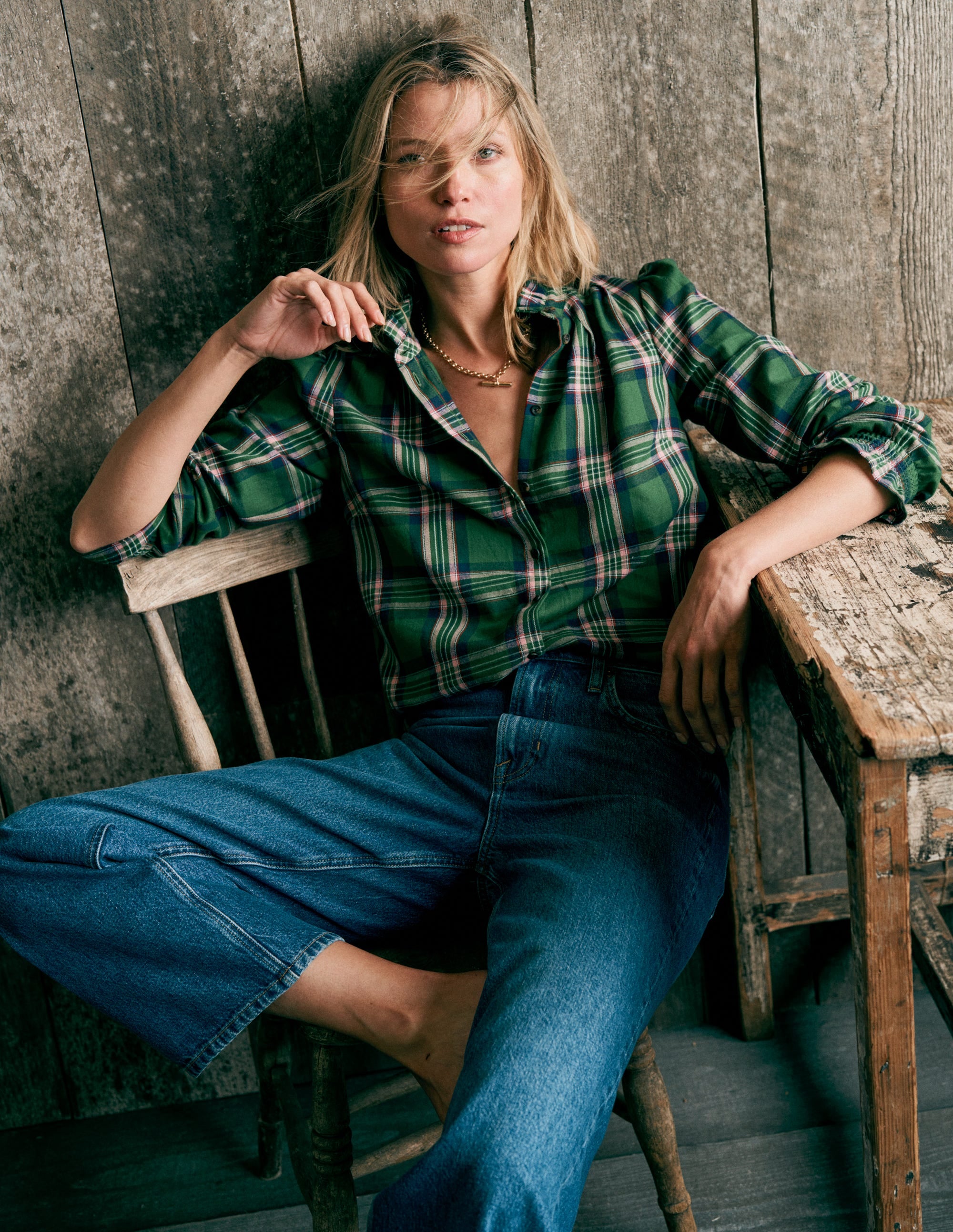 Lorna Brushed Cotton Top-Green, Navy & Pink Check - Image 1
