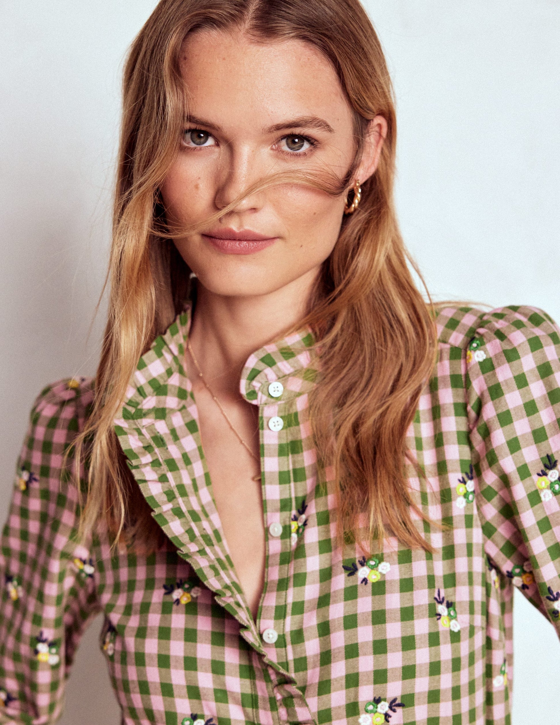 Helena Brushed Cotton Top-Green and Pink Floral Check-1