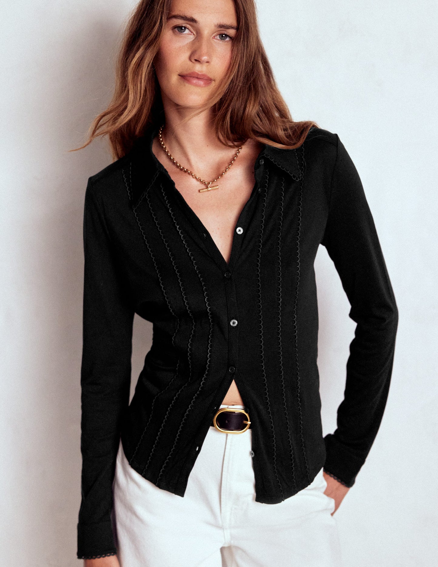 Picot Trim Jersey Shirt-Black