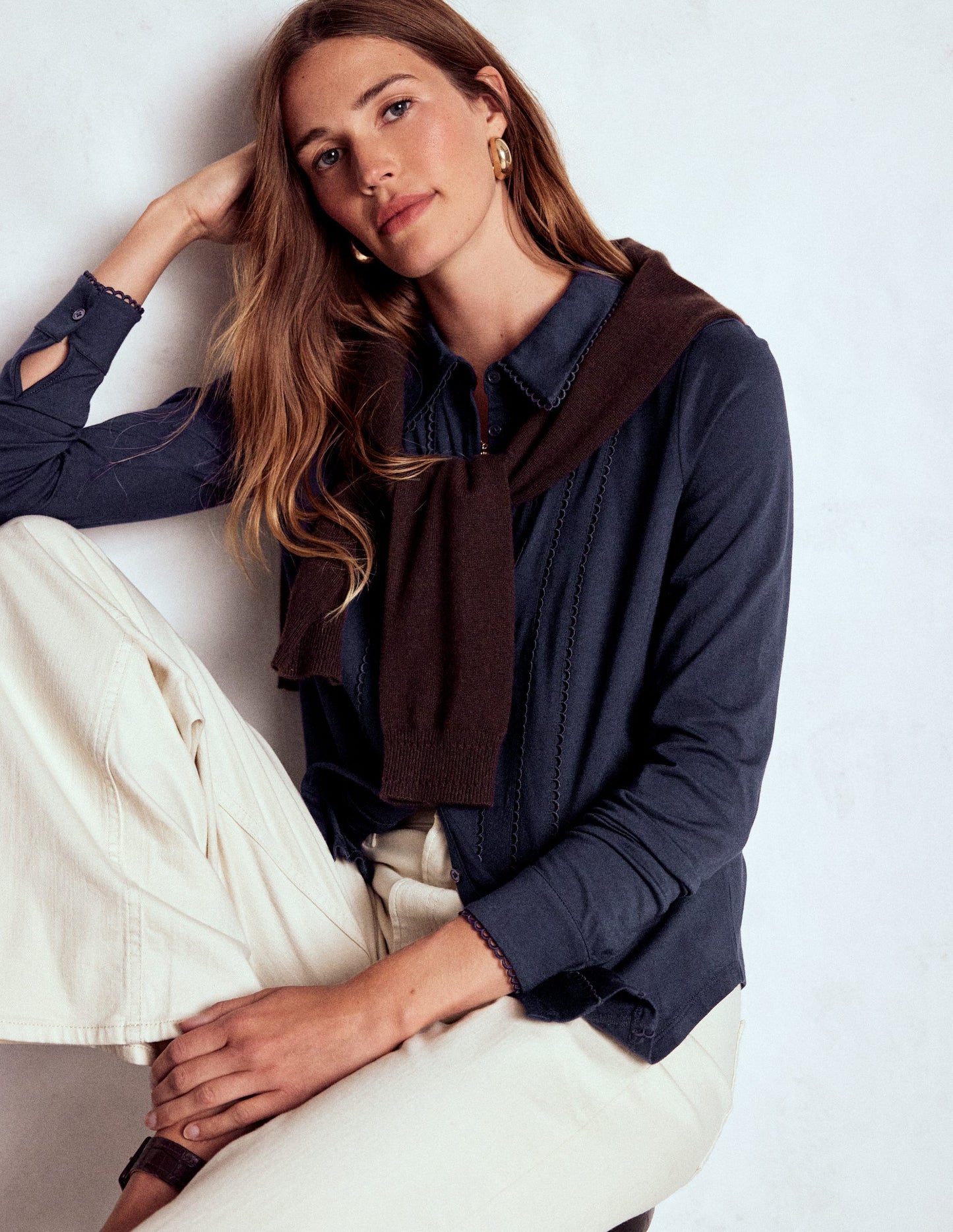 Picot Trim Jersey Shirt-Navy