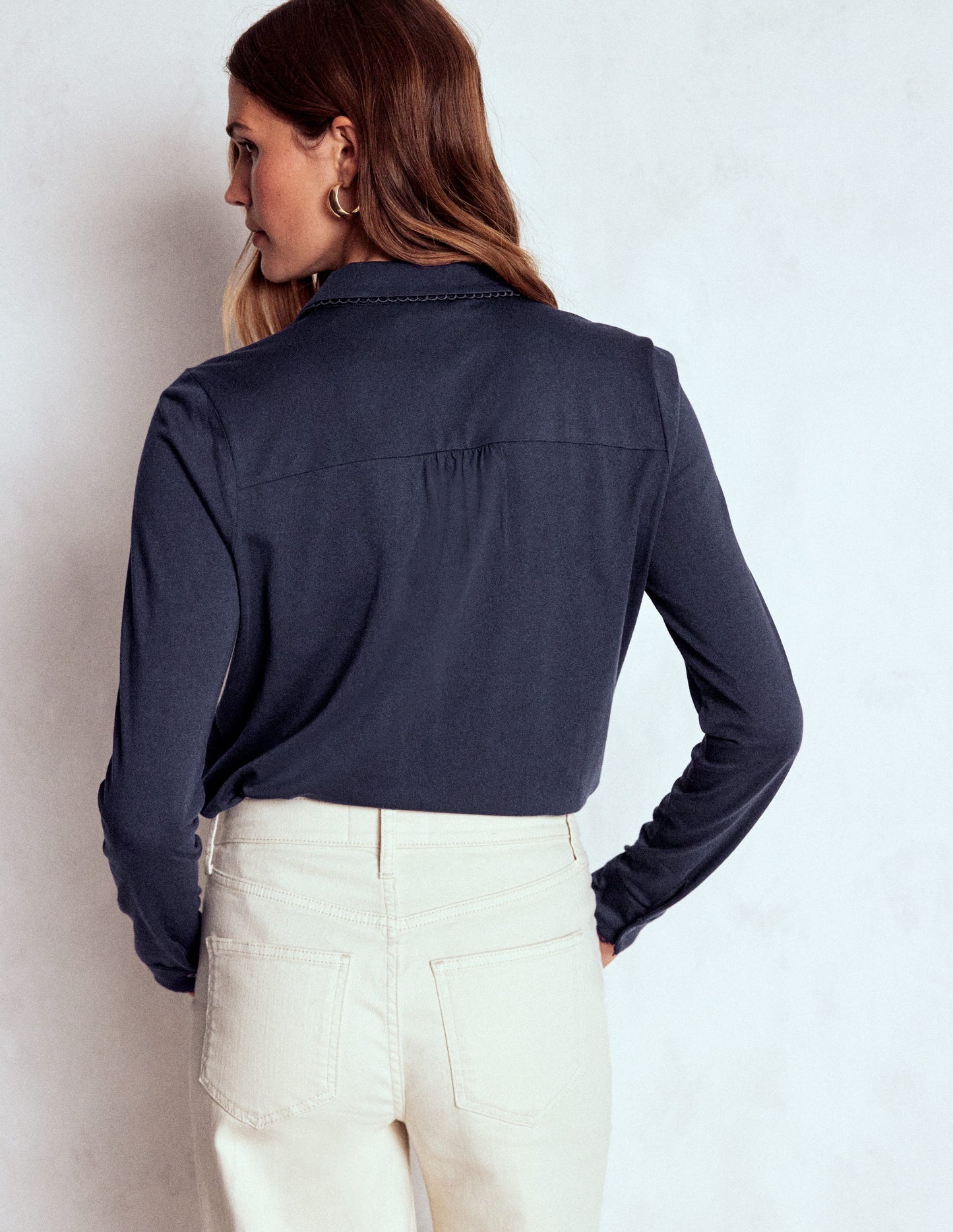 Picot Trim Jersey Shirt-Navy