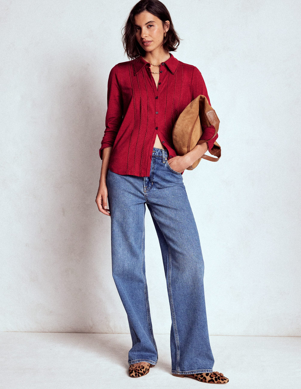Picot Trim Jersey Shirt-Crimson Red - Image 1