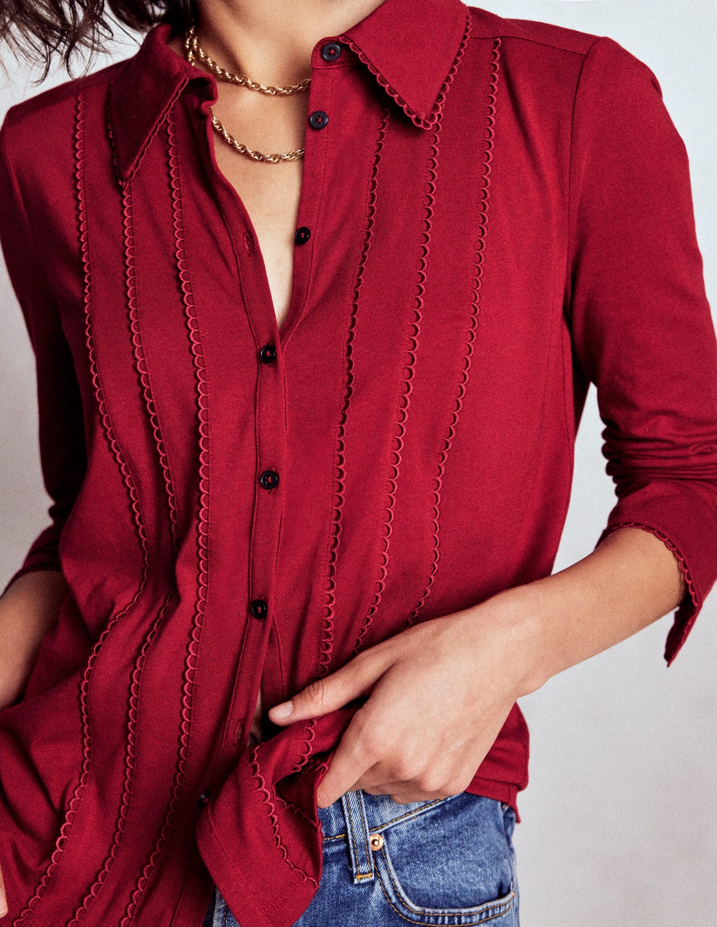 Picot Trim Jersey Shirt-Crimson Red