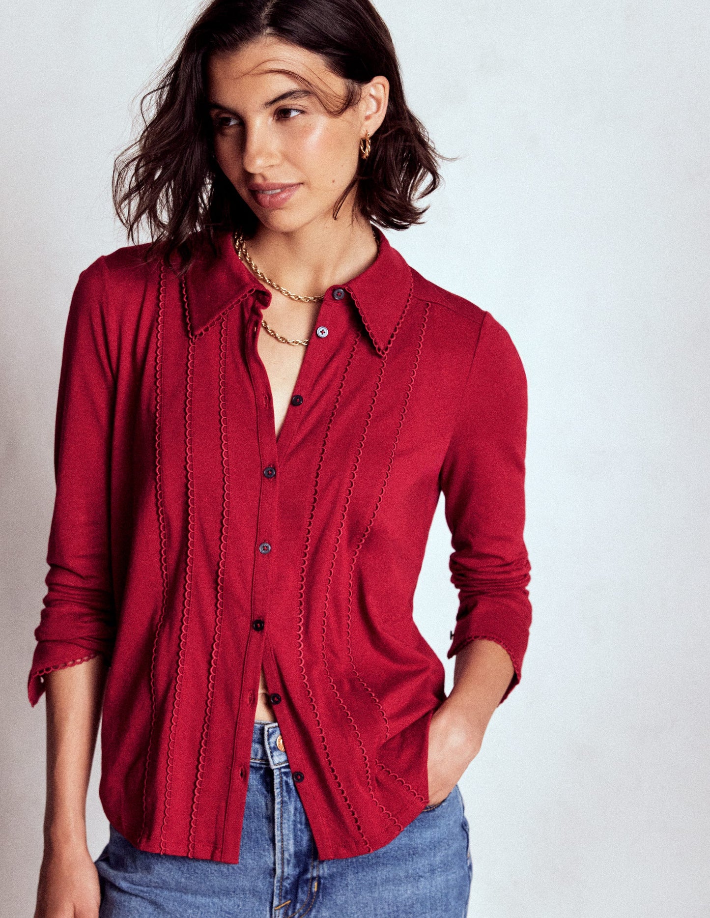 Picot Trim Jersey Shirt-Crimson Red