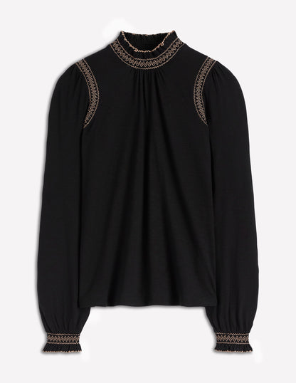 Tia Smocked Neck Jersey Top-Black-5