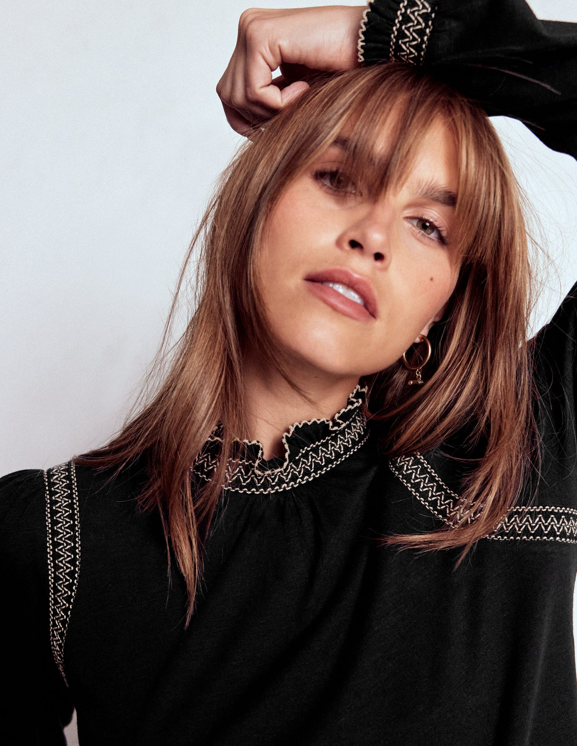 Tia Smocked Neck Jersey Top-Black-2