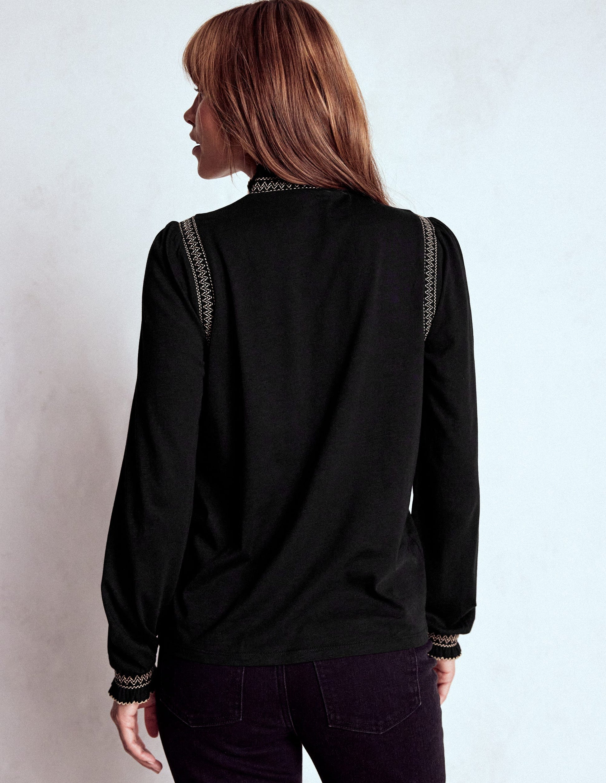 Tia Smocked Neck Jersey Top-Black-3