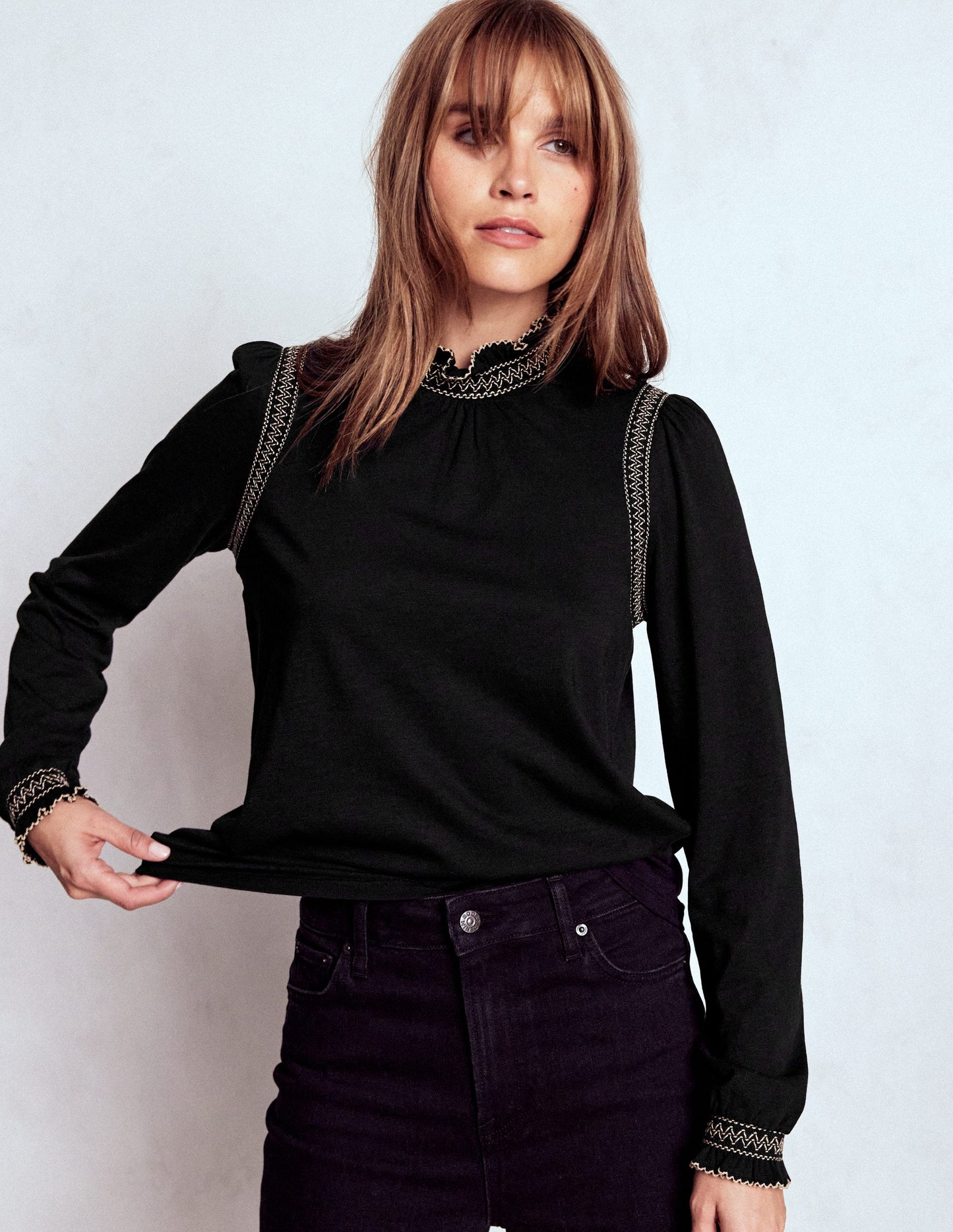 Tia Smocked Neck Jersey Top-Black