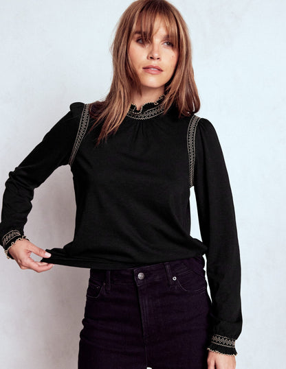 Tia Smocked Neck Jersey Top-Black-4