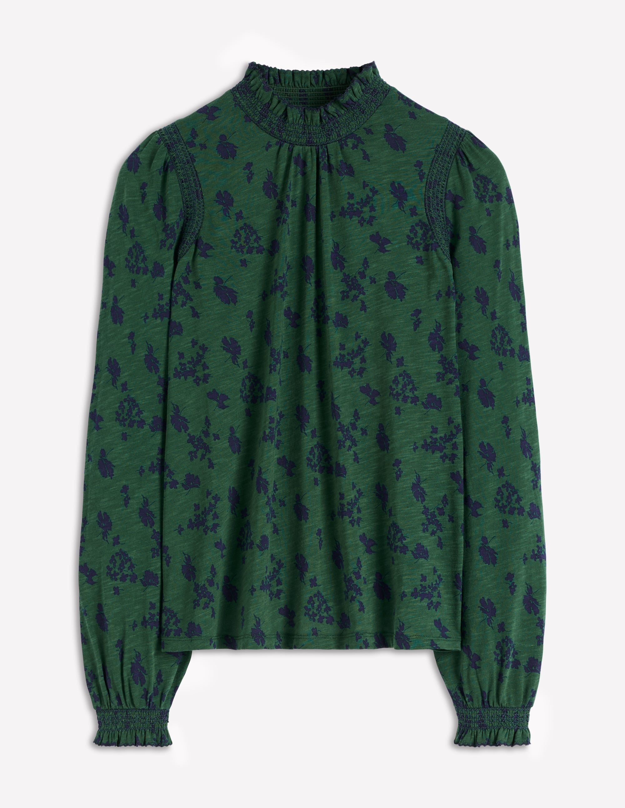 Tia Smocked Neck Jersey Top-Dark Green, Dainty Meadow - Image 5