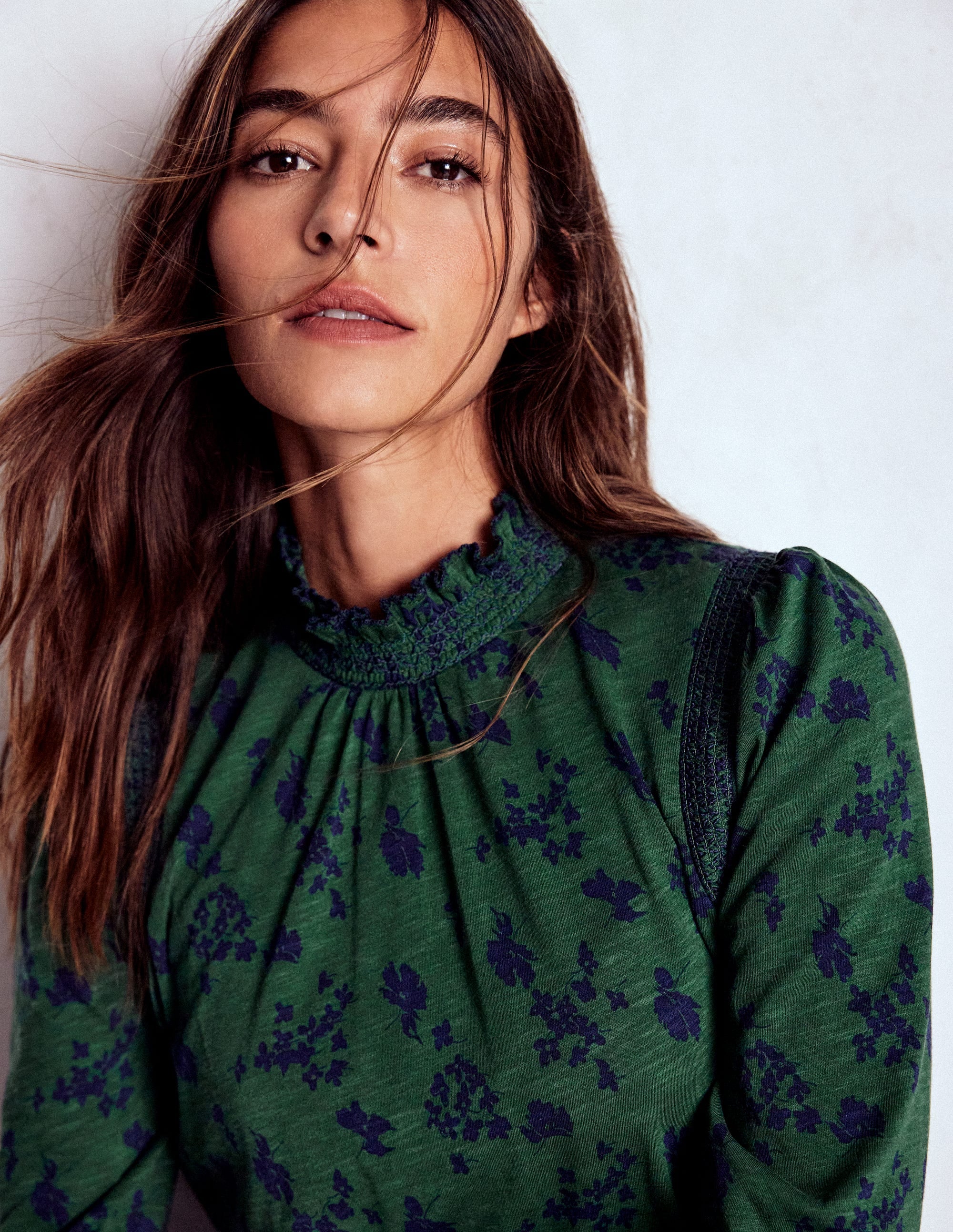 Tia Smocked Neck Jersey Top-Dark Green, Dainty Meadow - Image 1