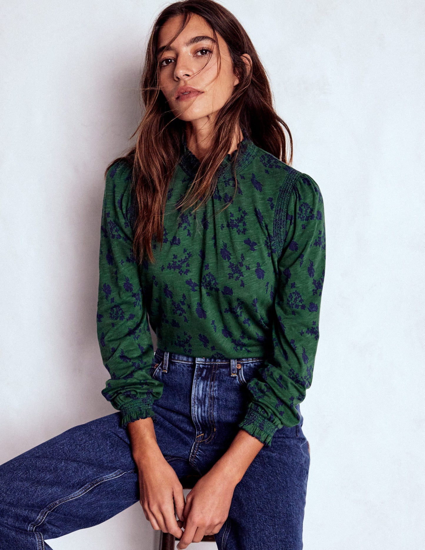 Tia Smocked Neck Jersey Top-Dark Green, Dainty Meadow