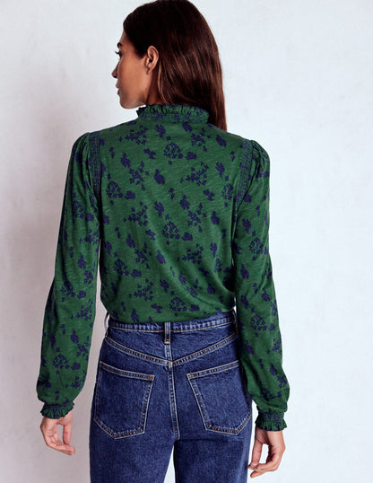 Tia Smocked Neck Jersey Top-Dark Green, Dainty Meadow-3