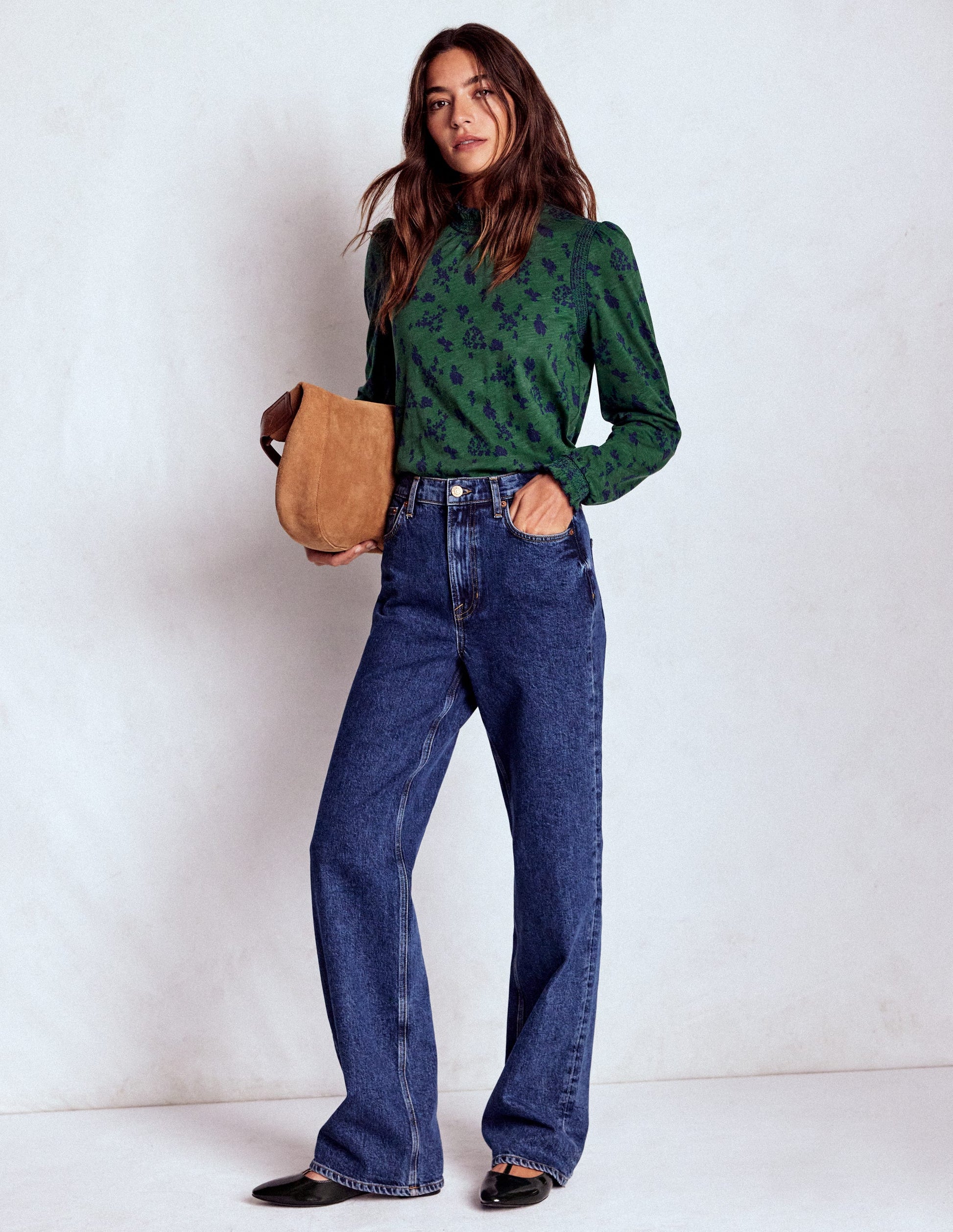 Tia Smocked Neck Jersey Top-Dark Green, Dainty Meadow-4