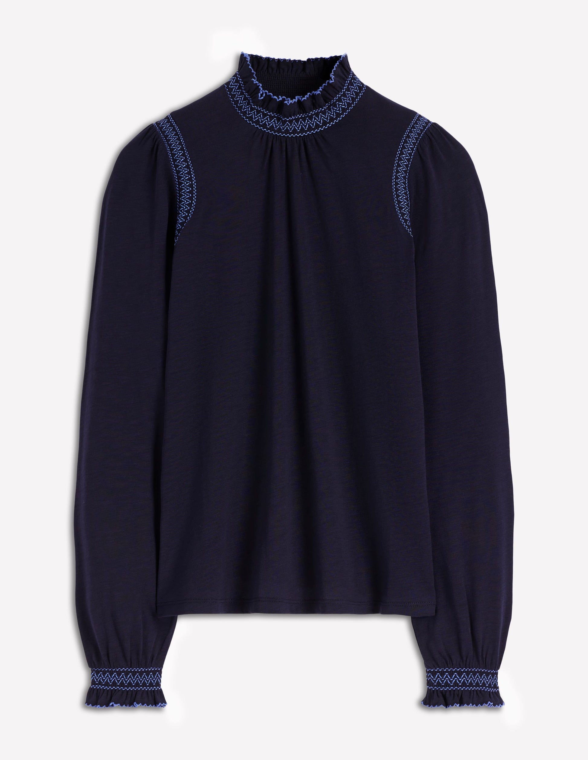 Tia Smocked Neck Jersey Top-Navy-6