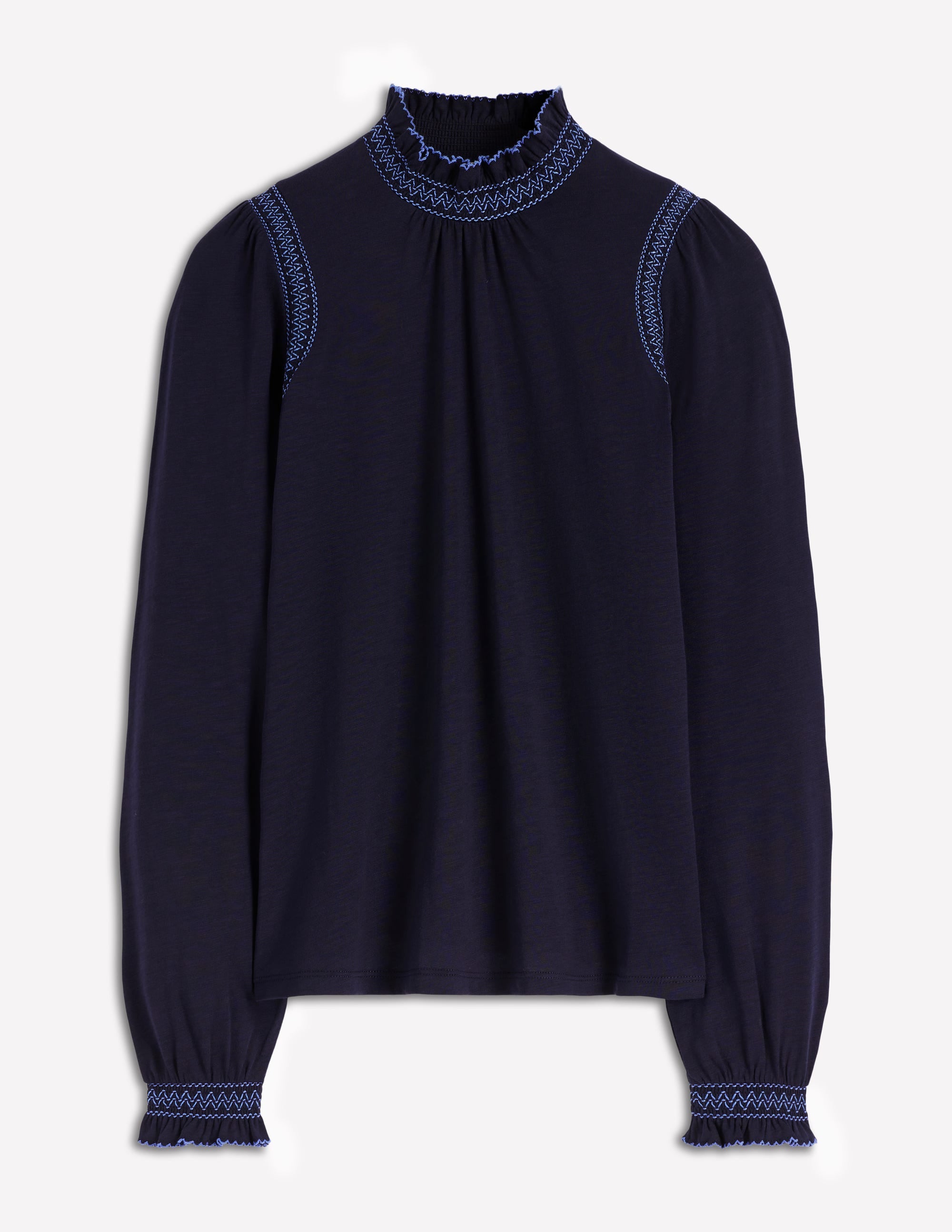 Tia Smocked Neck Jersey Top-Navy - Image 6