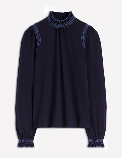 Tia Smocked Neck Jersey Top-Navy-6