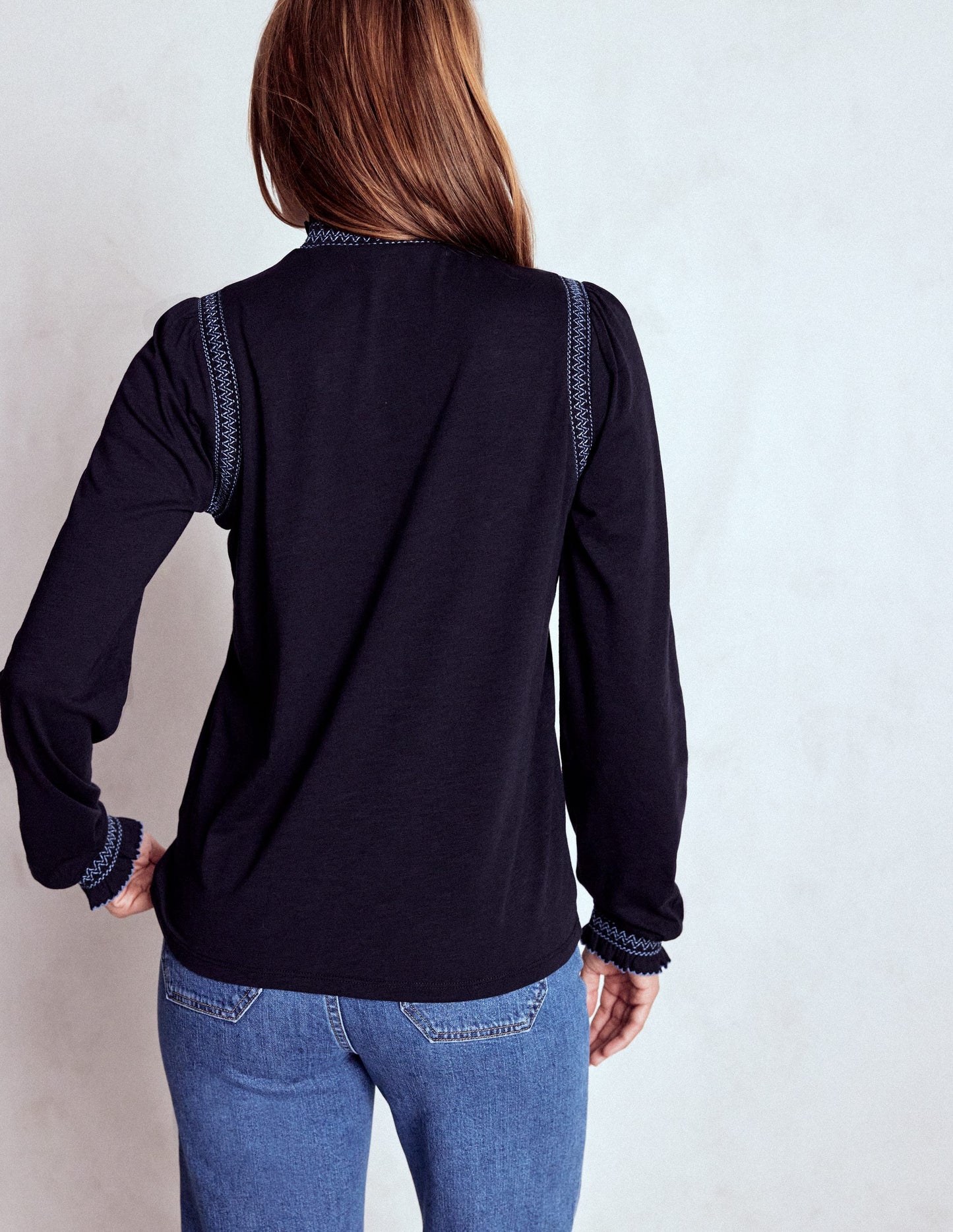 Tia Smocked Neck Jersey Top-Navy