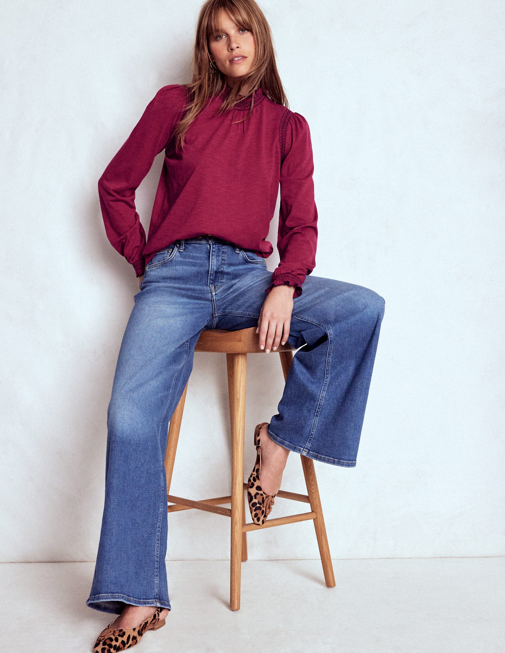 Tia Smocked Neck Jersey Top-Ruby Red-1