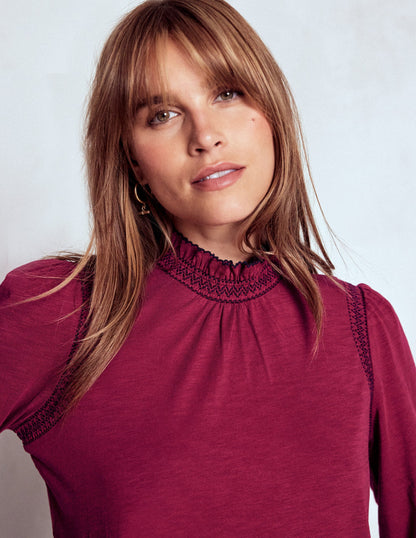 Tia Smocked Neck Jersey Top-Ruby Red-2