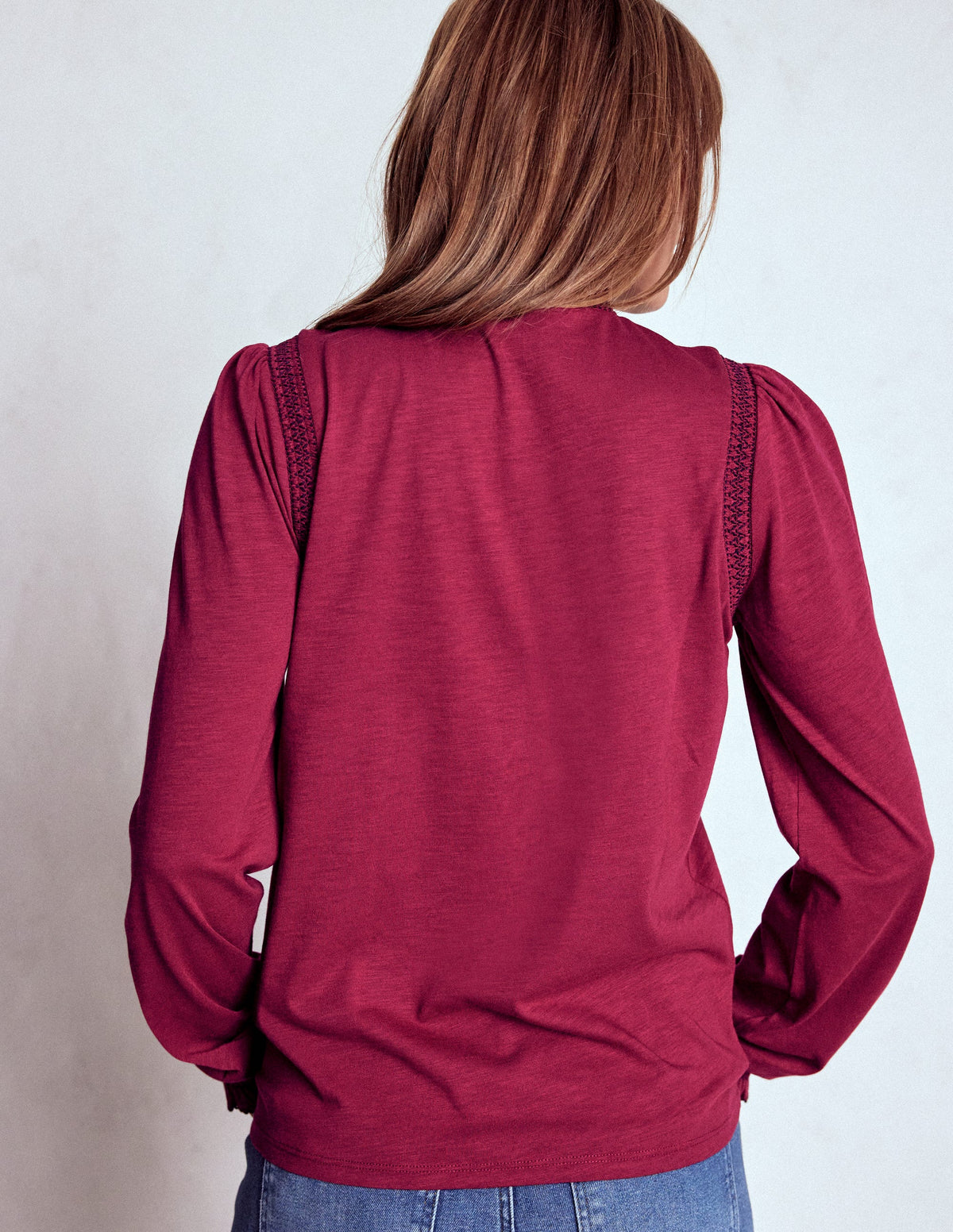 Tia Smocked Neck Jersey Top-Ruby Red - Image 3