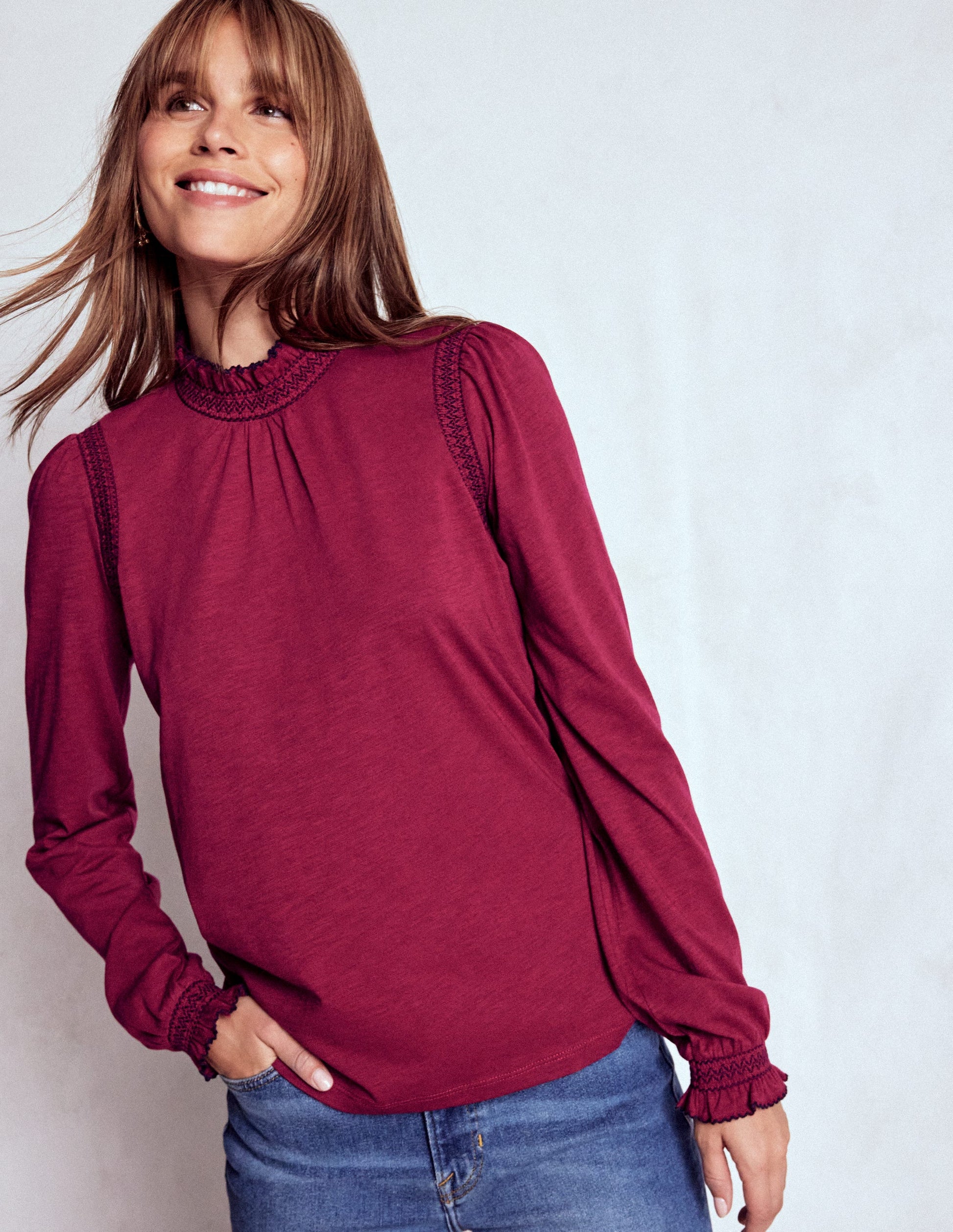 Tia Smocked Neck Jersey Top-Ruby Red-4