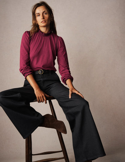 Tia Smocked Neck Jersey Top-Ruby Red-5