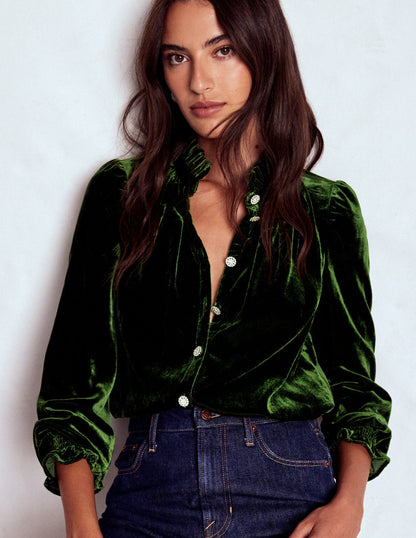 Lorna Pleat Neck Velvet Top-Green Fir-1