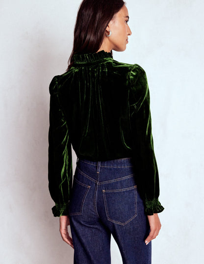 Lorna Pleat Neck Velvet Top-Green Fir-3