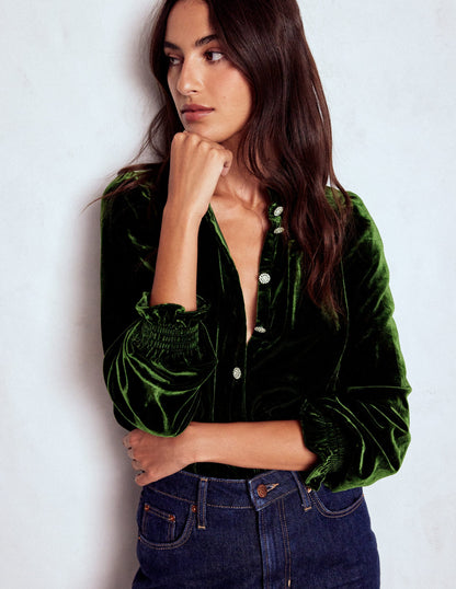 Lorna Pleat Neck Velvet Top-Green Fir-4