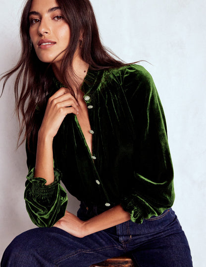 Lorna Pleat Neck Velvet Top-Green Fir-5