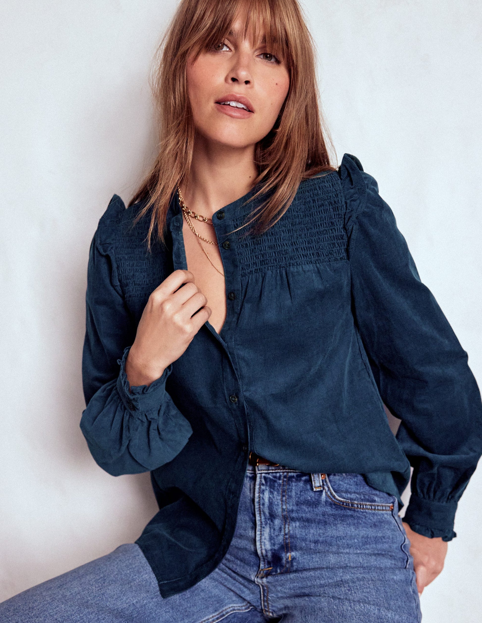 Smocked Yoke Cord Top-Midnight Ocean-1