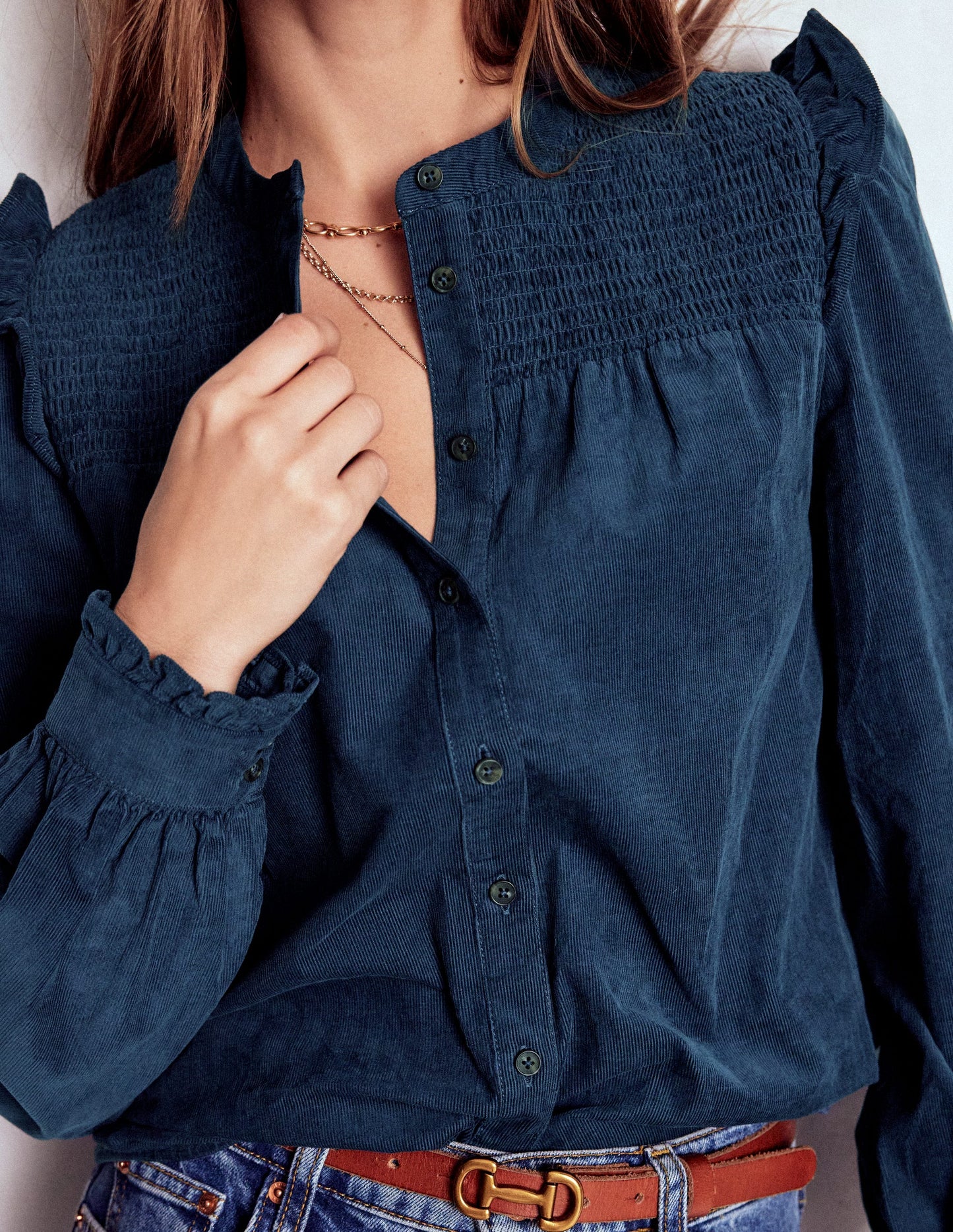 Smocked Yoke Cord Top-Midnight Ocean