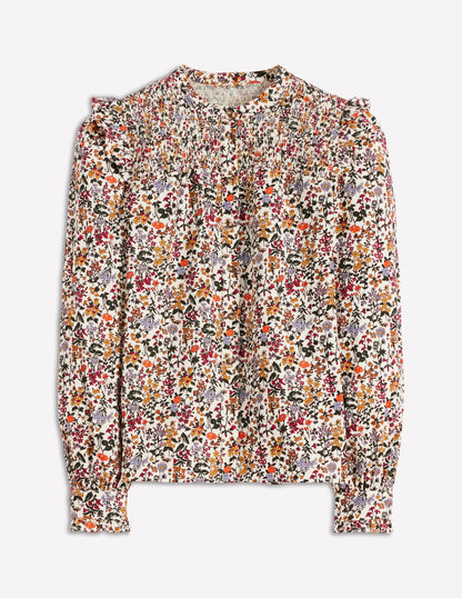 Smocked Yoke Cord Top-Ivory Floral-9