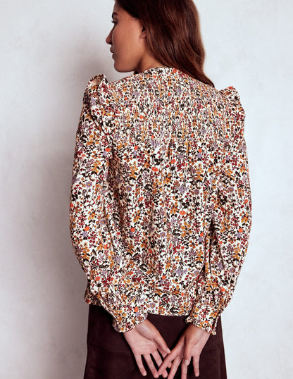 Smocked Yoke Cord Top-Ivory Floral-3