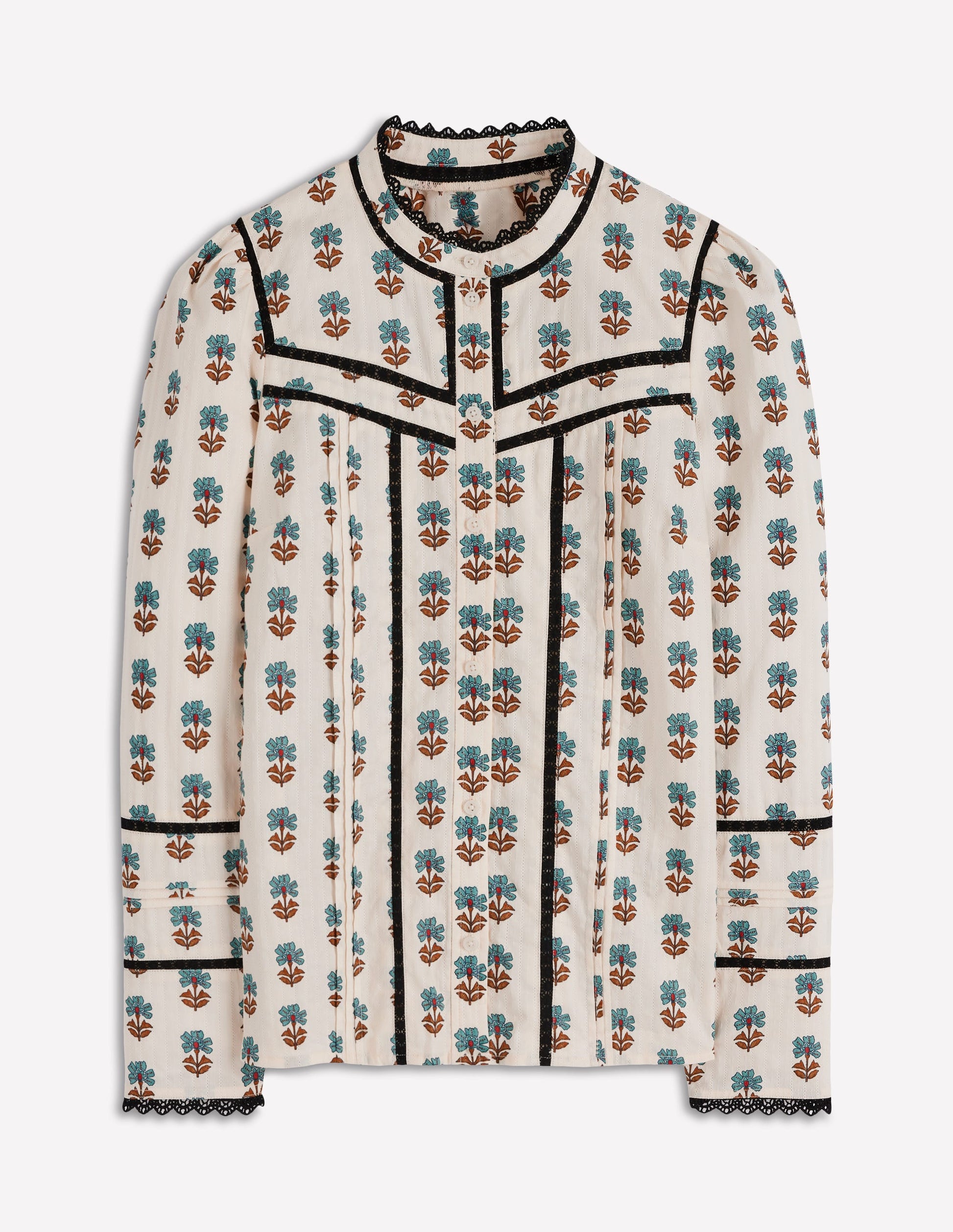 Cotton Lace Trim Top-Ivory, Woodblock Flower-6