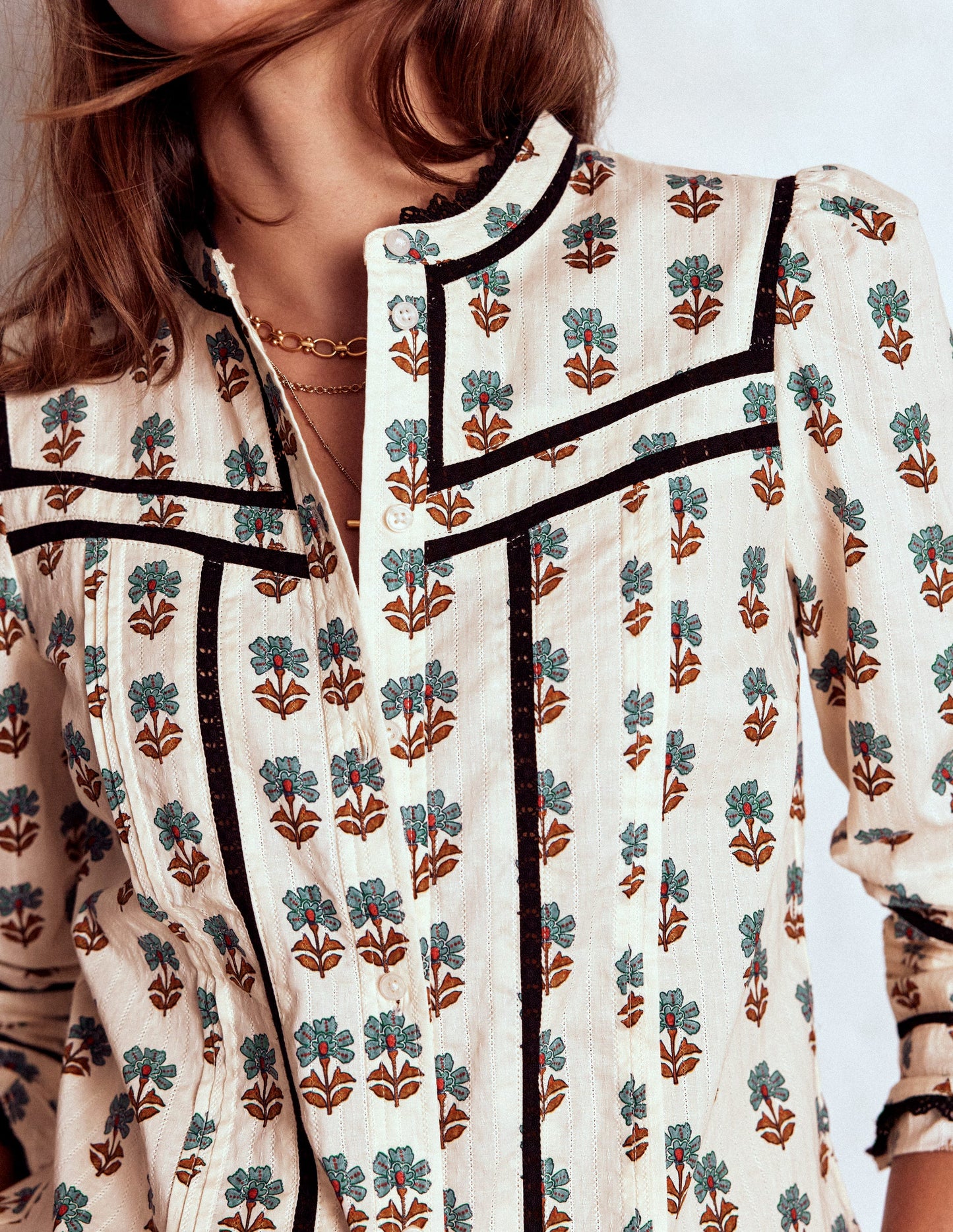 Cotton Lace Trim Top-Ivory, Woodblock Flower