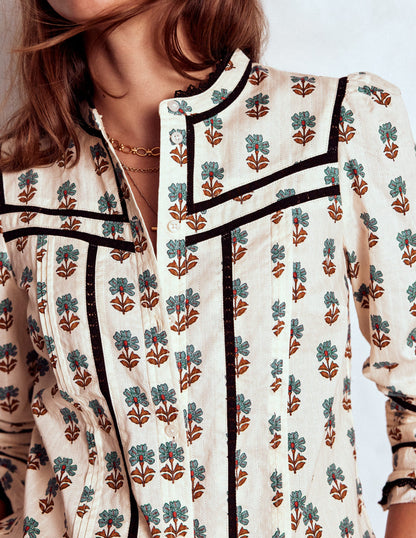 Cotton Lace Trim Top-Ivory, Woodblock Flower-2