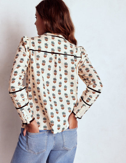 Cotton Lace Trim Top-Ivory, Woodblock Flower-3