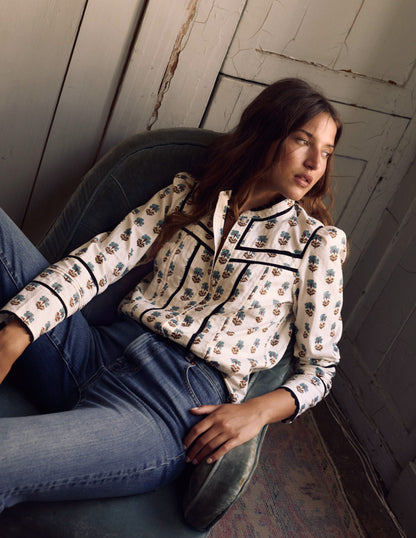 Cotton Lace Trim Top-Ivory, Woodblock Flower-5