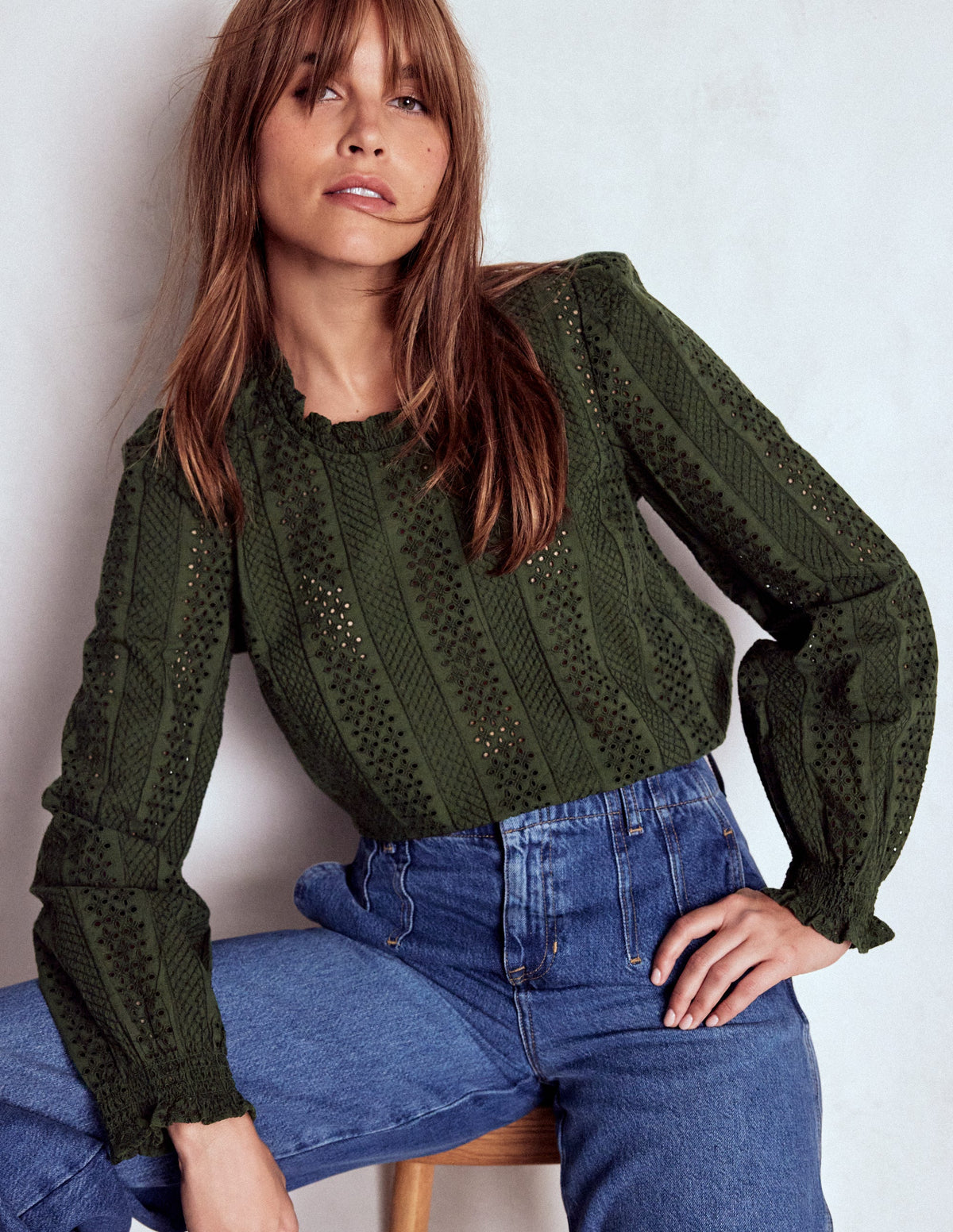 Frill Detail Broderie Top-Forest Glade - Image 1