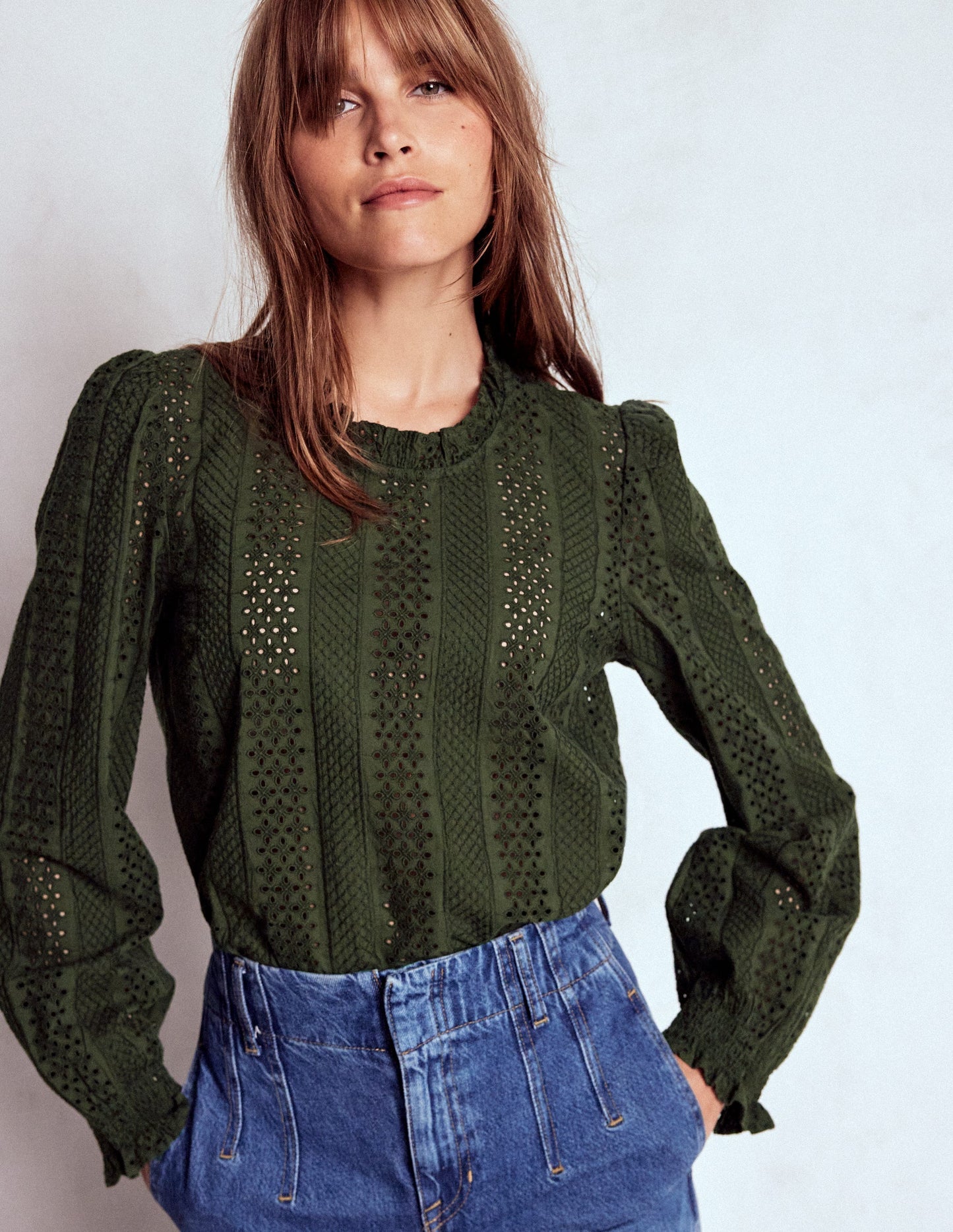 Frill Detail Broderie Top-Forest Glade