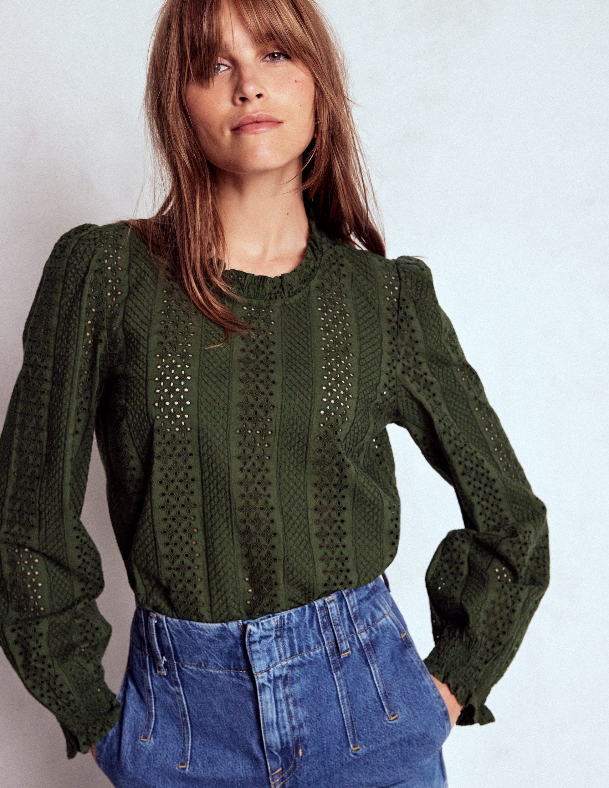 Frill Detail Broderie Top-Forest Glade-4