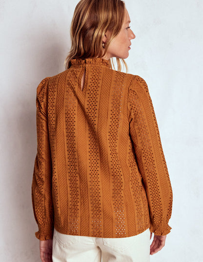 Frill Detail Broderie Top-Mustard-3