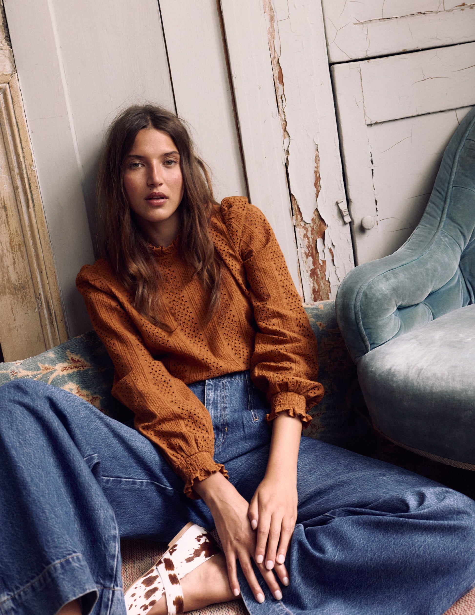 Frill Detail Broderie Top-Mustard-5