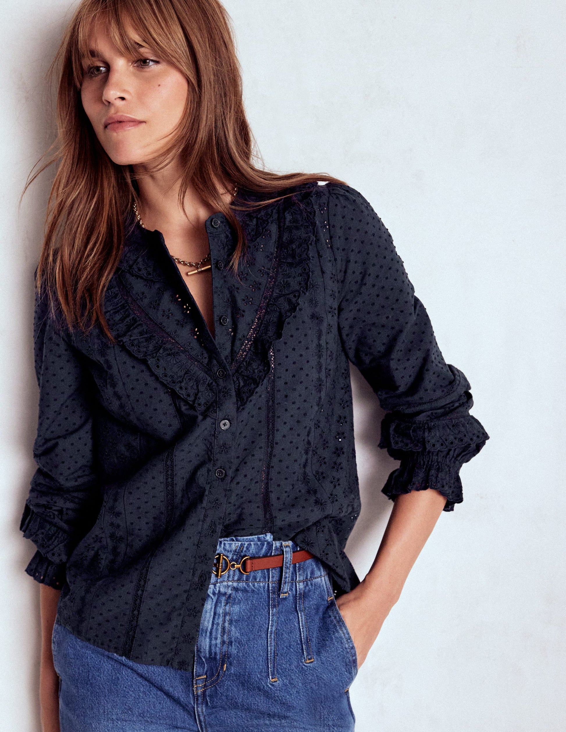 Broderie Ruffle Top-Navy-1