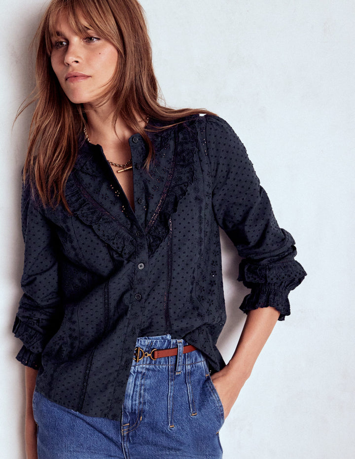 Broderie Ruffle Top-Navy