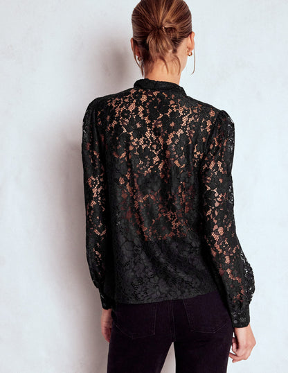 Lace Tie Neck Top-Black-3