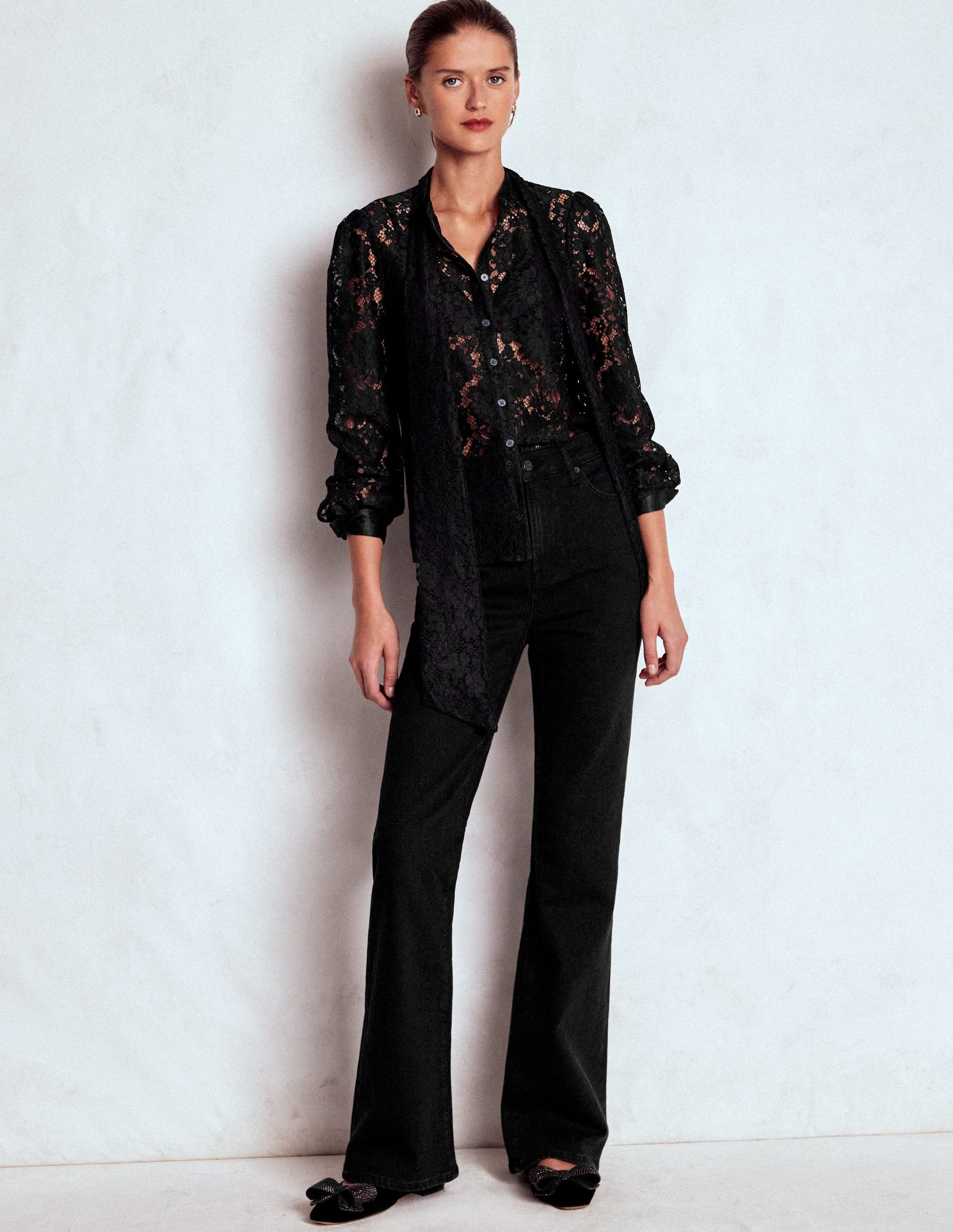 Lace Tie Neck Top-Black-4